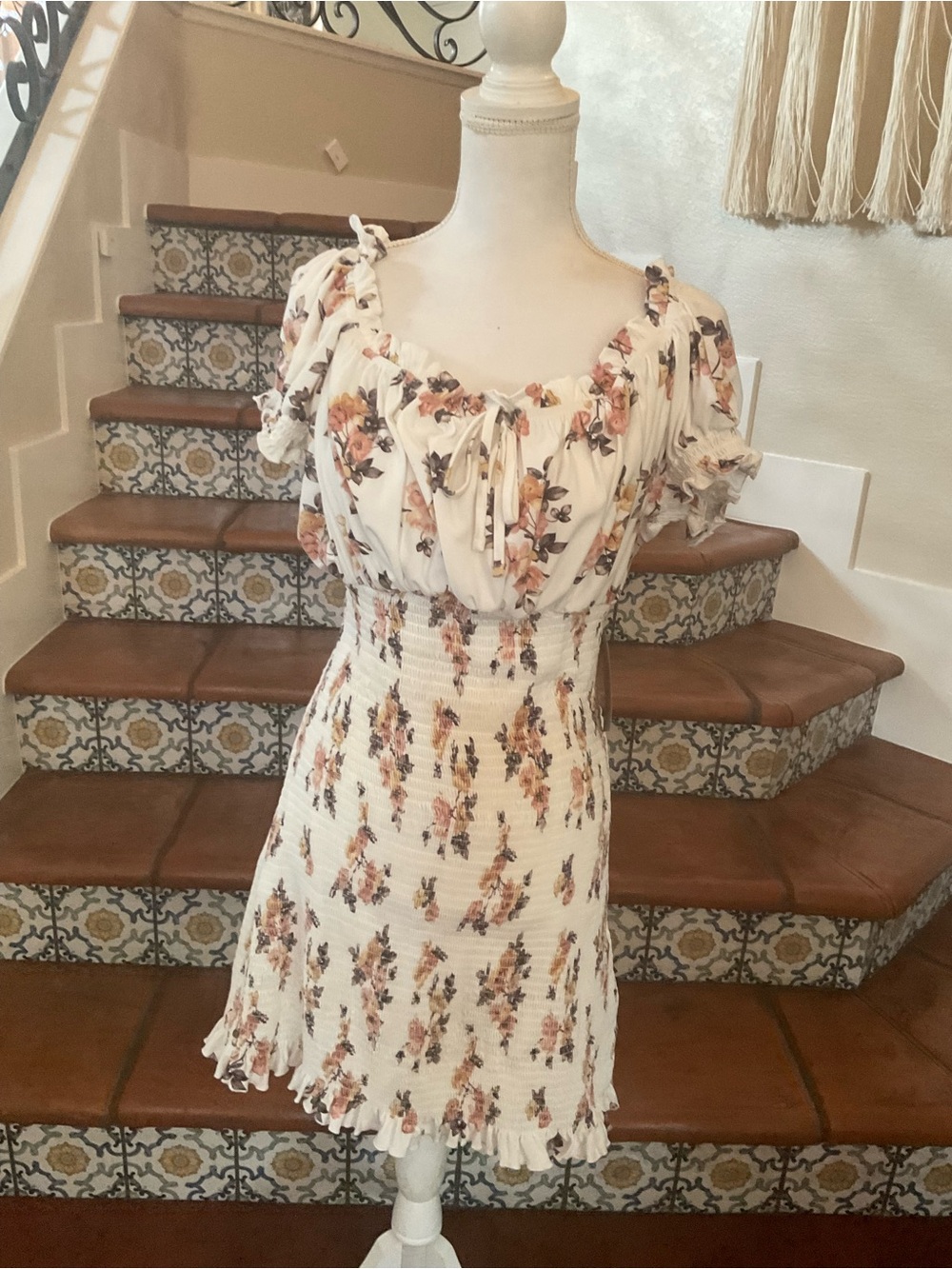 J for Justify Cream Floral Smocked Mini Dress with Peach and Green Print
